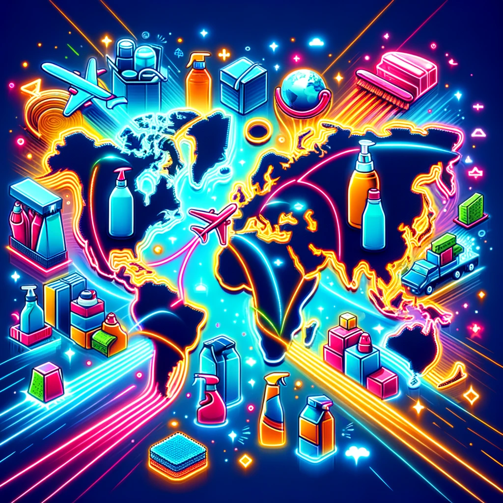 A vibrant and dynamic image that depicts the global sourcing of household cleaning products, similar to the style of the previous image. This version includes colorful, neon lines on a stylized world map, with continents adorned with various cleaning products and transportation elements like airplanes and ships, highlighting the global logistics.